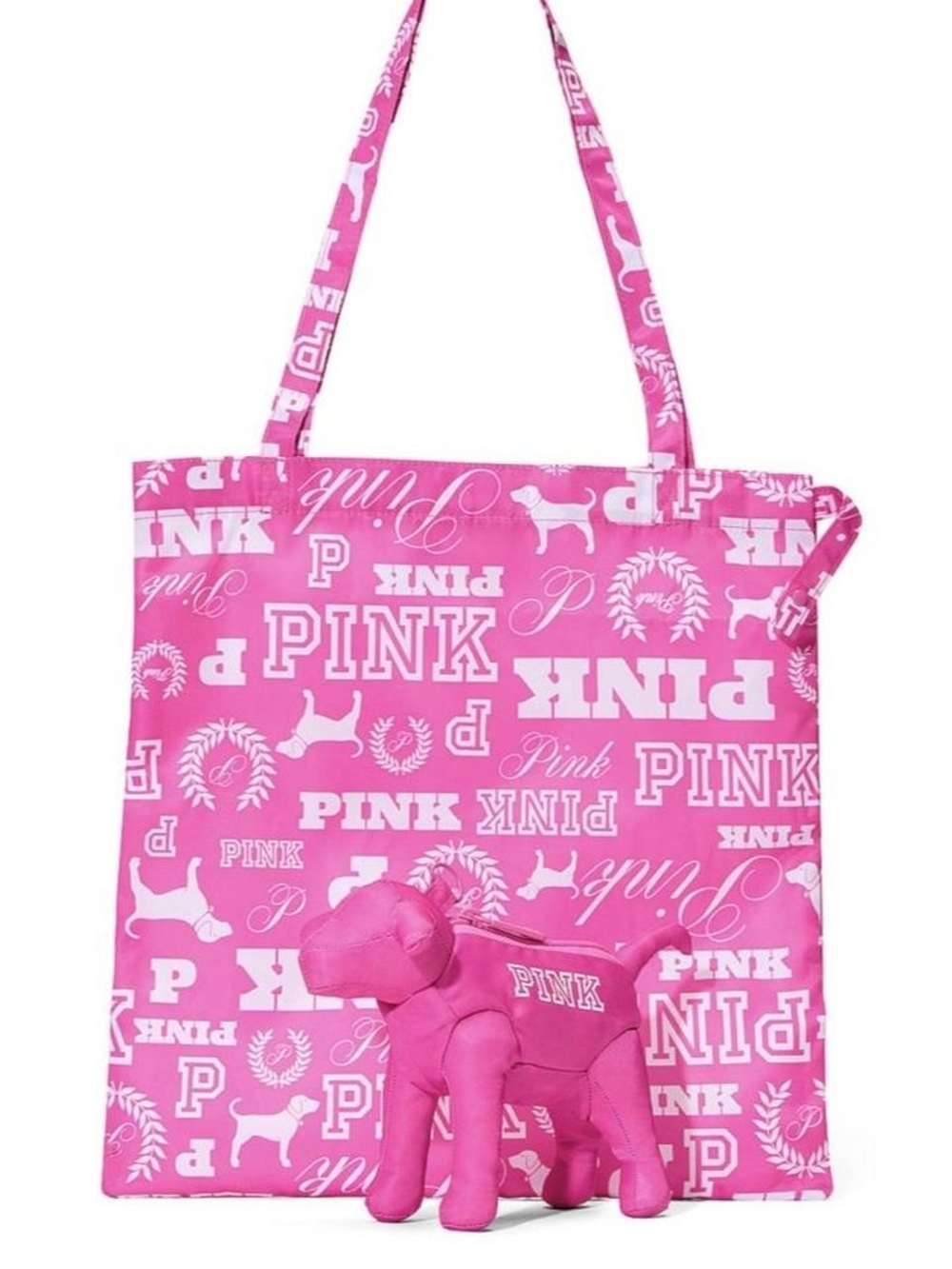 PINK Victoria's Secret Bright Pink Logo Tote Bag with Dog Charm